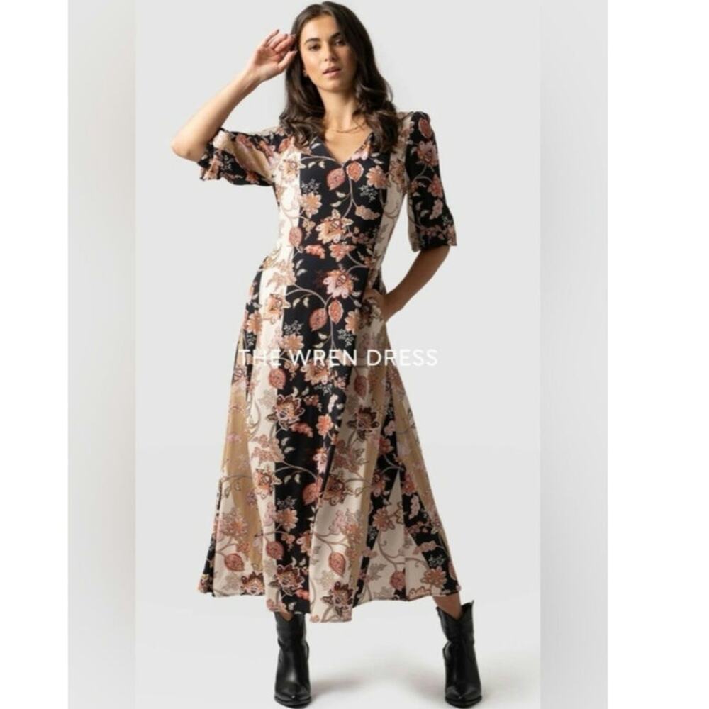 Saint + Sofia The Wren Dress US 10 Floral Patchwork Boho Maxi Midi VNeck Viscose